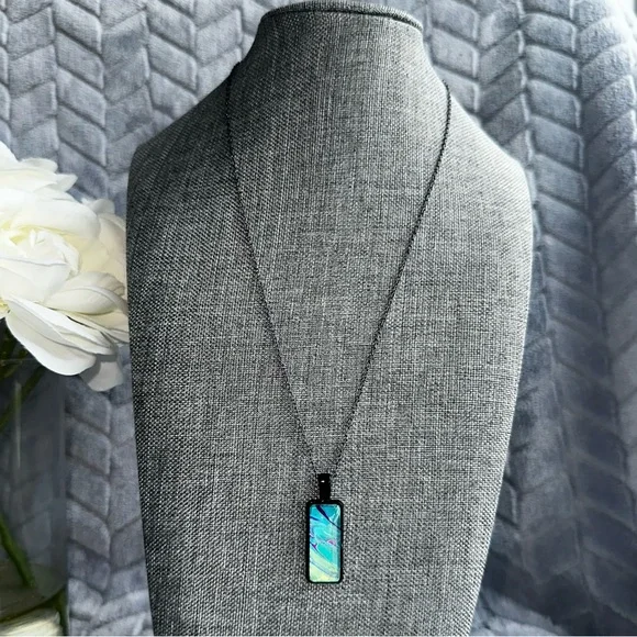 Hand painted Abstract Acrylic fluid pour art pendant necklace teal blue black - Picture 3 of 7